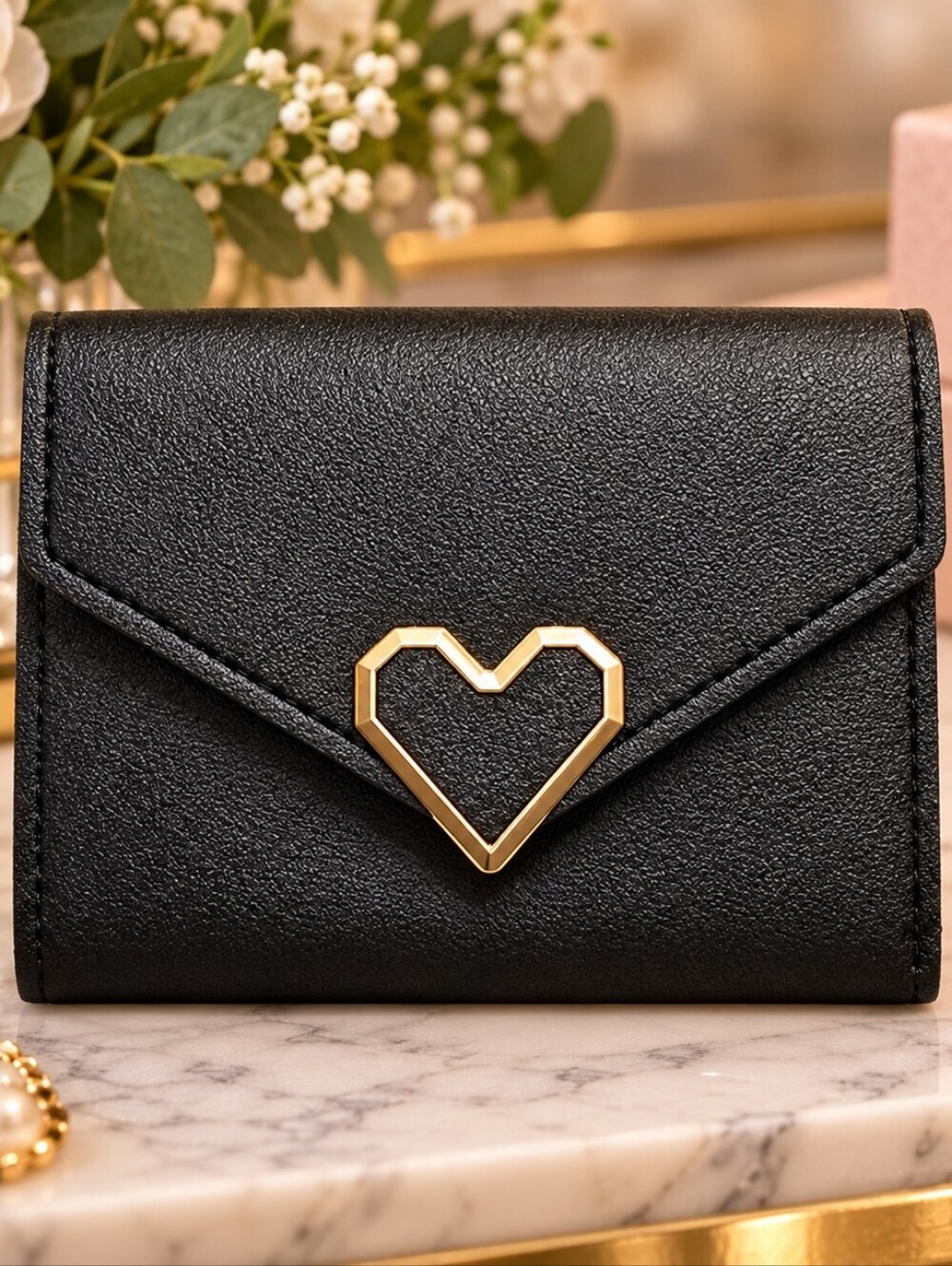 Black Women's Compact Wallet with Gold Heart Accent